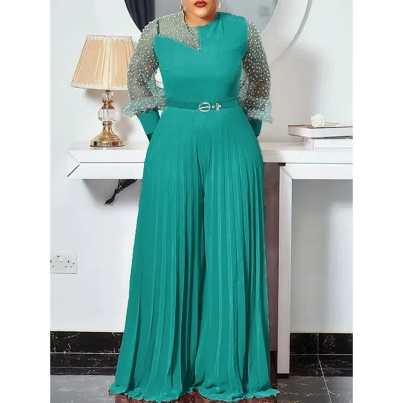 S-5xl Fall Outfits Women Pink Fashion Plus Size Jumpsuit Slim Pleated Long Sleeve Rompers Elegant Clothes Wholesale Dropshipping