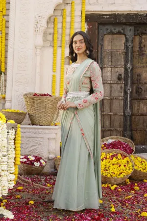 Sage Green Printed Palazzo Set With Embroidered Belt