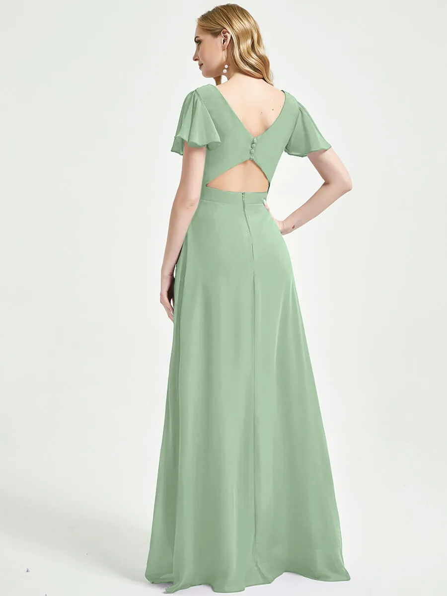 Sage Green Ruffle Sleeves V-Neck Maxi Chiffon Empire Bridesmaid Dress