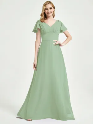 Sage Green Ruffle Sleeves V-Neck Maxi Chiffon Empire Bridesmaid Dress