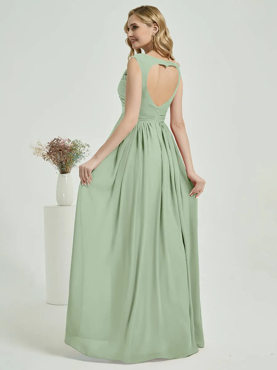 Sage Green Sweetheart Backless V-Neck Chiffon Maxi Bridesmaid Dress
