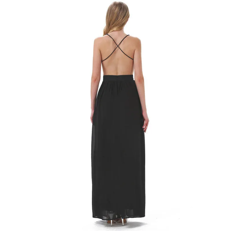 Sally Long Chiffon Cross Back Maxi Dress - Black
