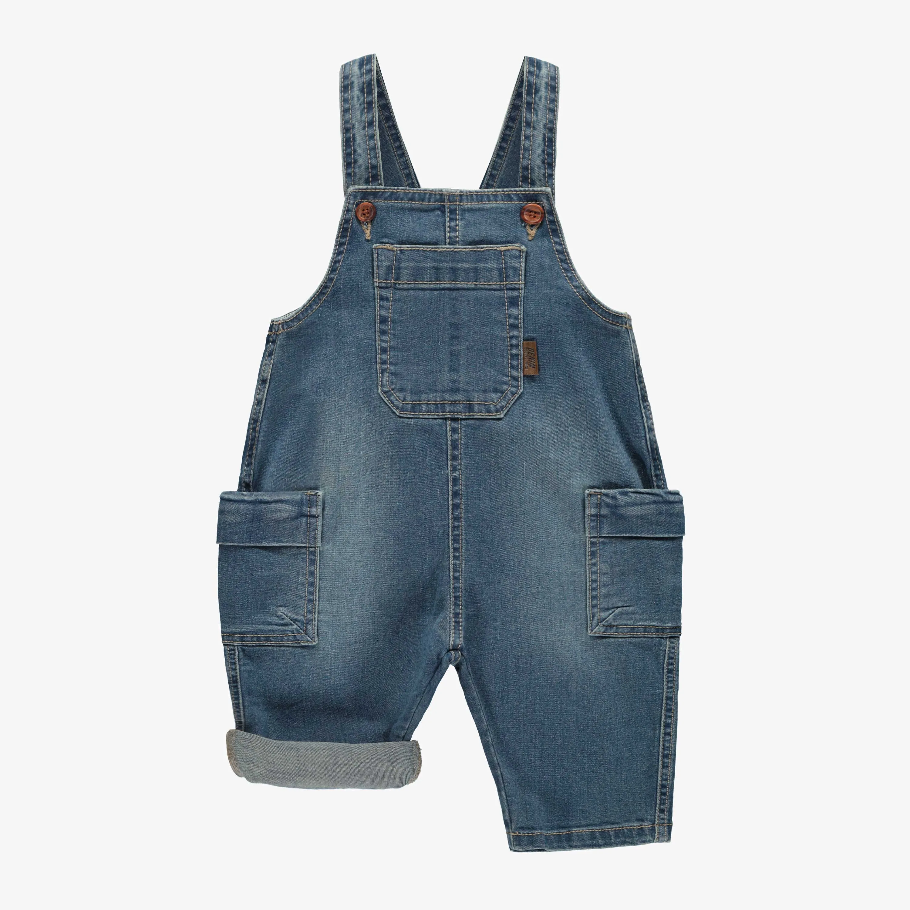 Salopette longue coupe décontractée en denim léger extensible, bleu moyen, bébé || Long overall relaxed fit in light medium denim, baby