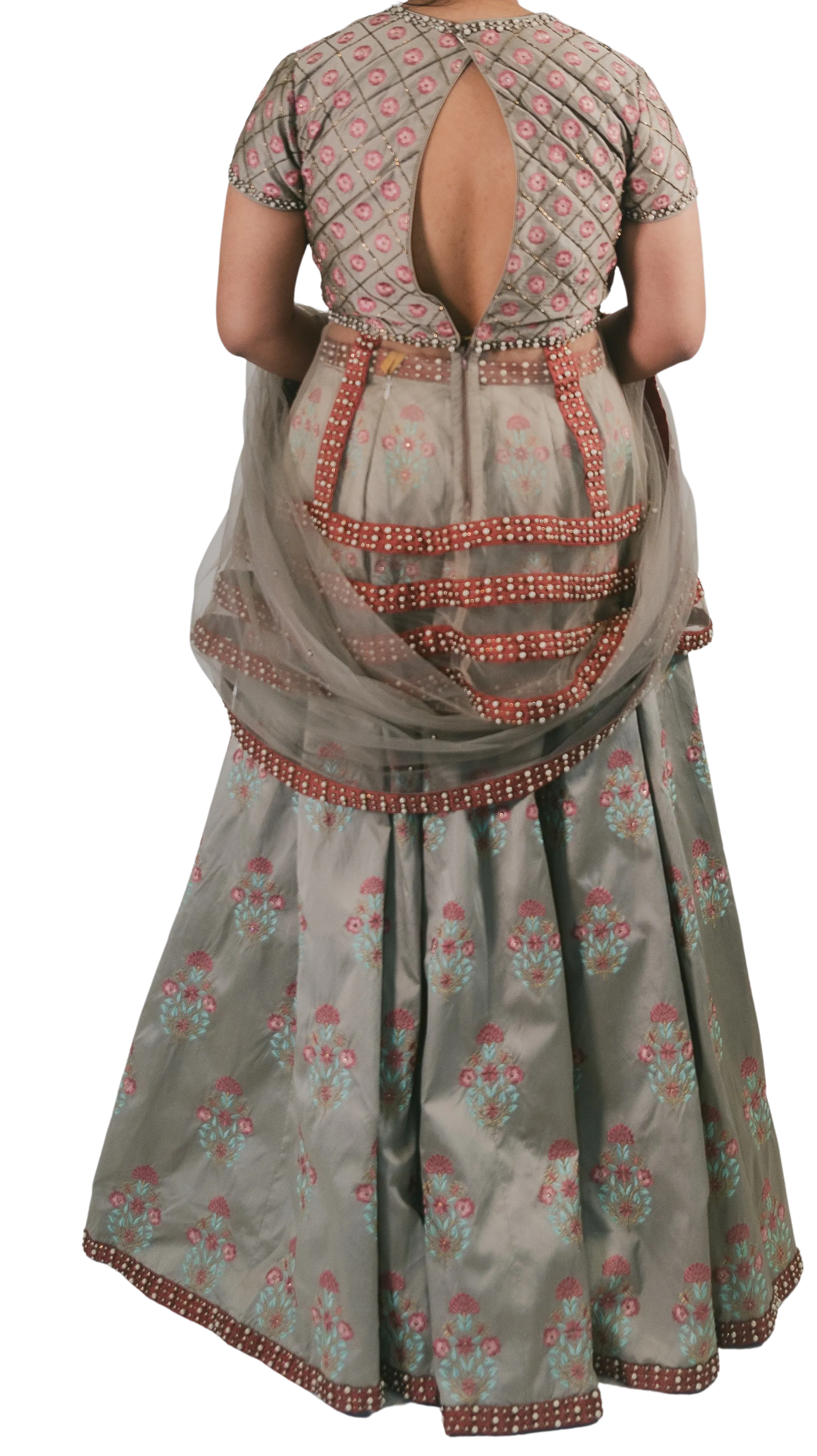 SAMPLE SALE: Grey Embroidered Peplum Top Lehenga Set