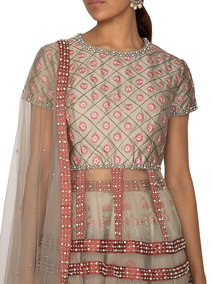 SAMPLE SALE: Grey Embroidered Peplum Top Lehenga Set