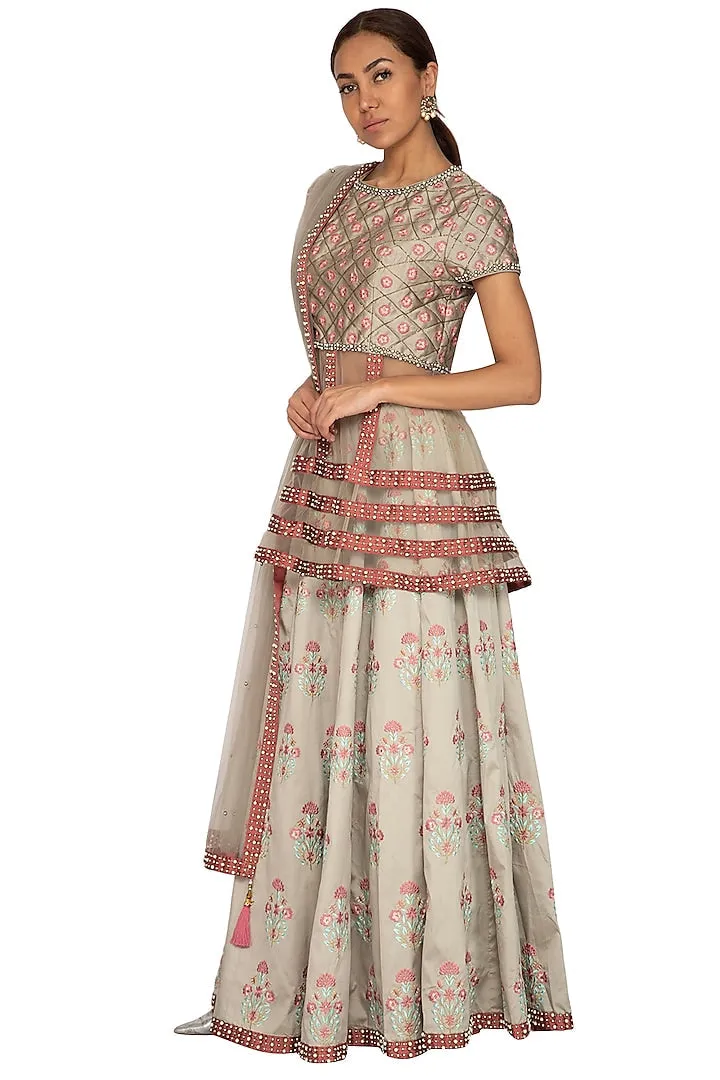 SAMPLE SALE: Grey Embroidered Peplum Top Lehenga Set