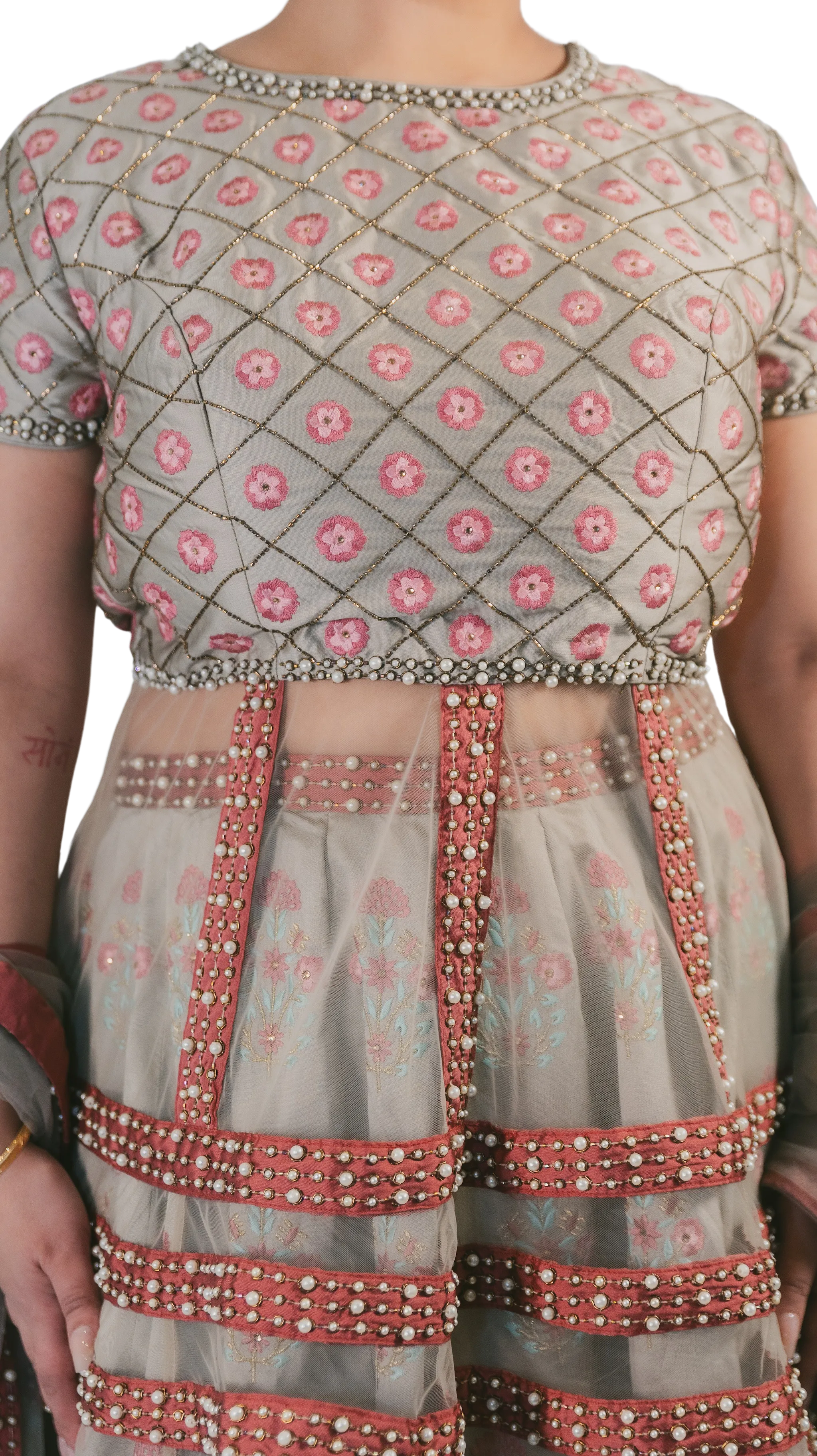 SAMPLE SALE: Grey Embroidered Peplum Top Lehenga Set