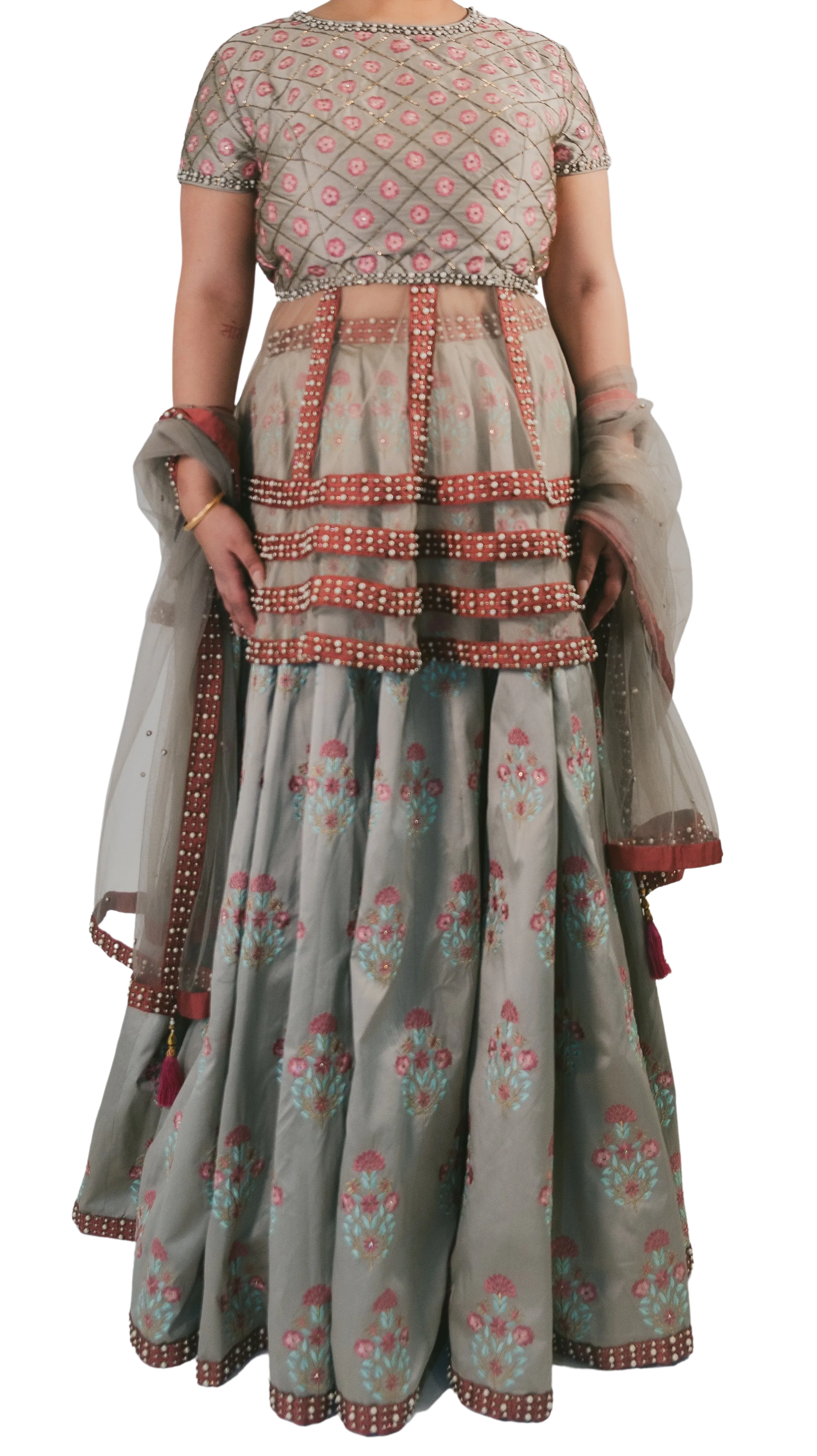 SAMPLE SALE: Grey Embroidered Peplum Top Lehenga Set