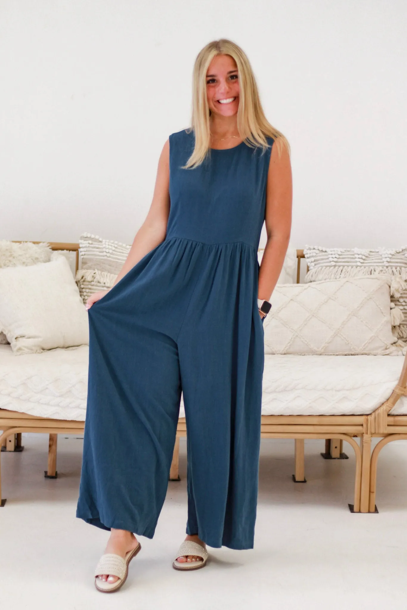 Sartorial Ease Linen Blend Sleeveless Wide Leg Jumpsuit