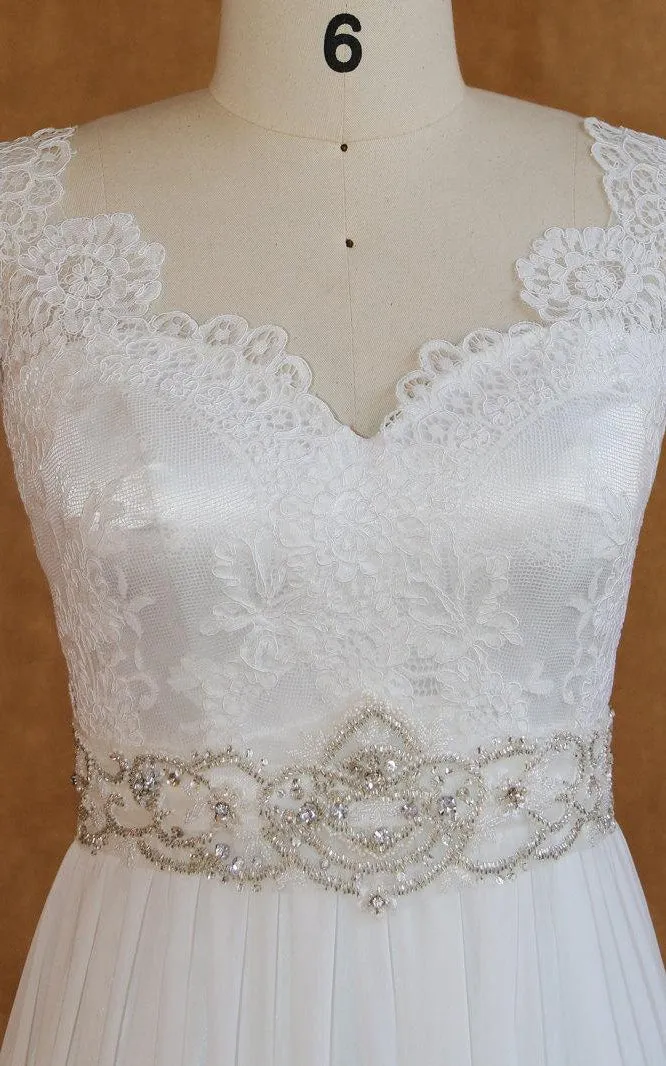 Satin Beaded Appliqued Low-V Back Chiffon V-Neckline Dress-712029