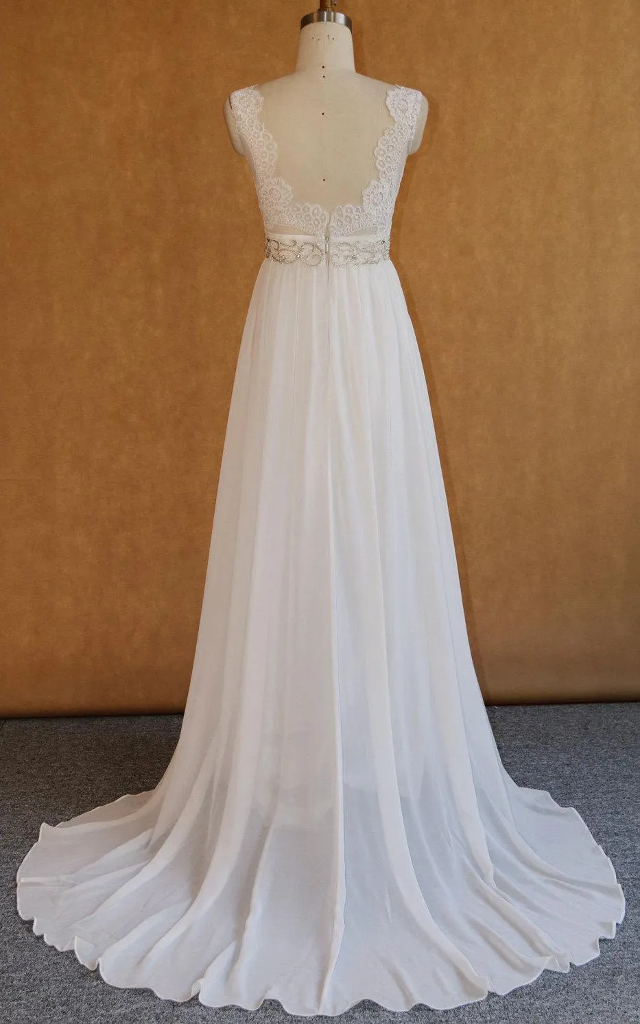 Satin Beaded Appliqued Low-V Back Chiffon V-Neckline Dress-712029