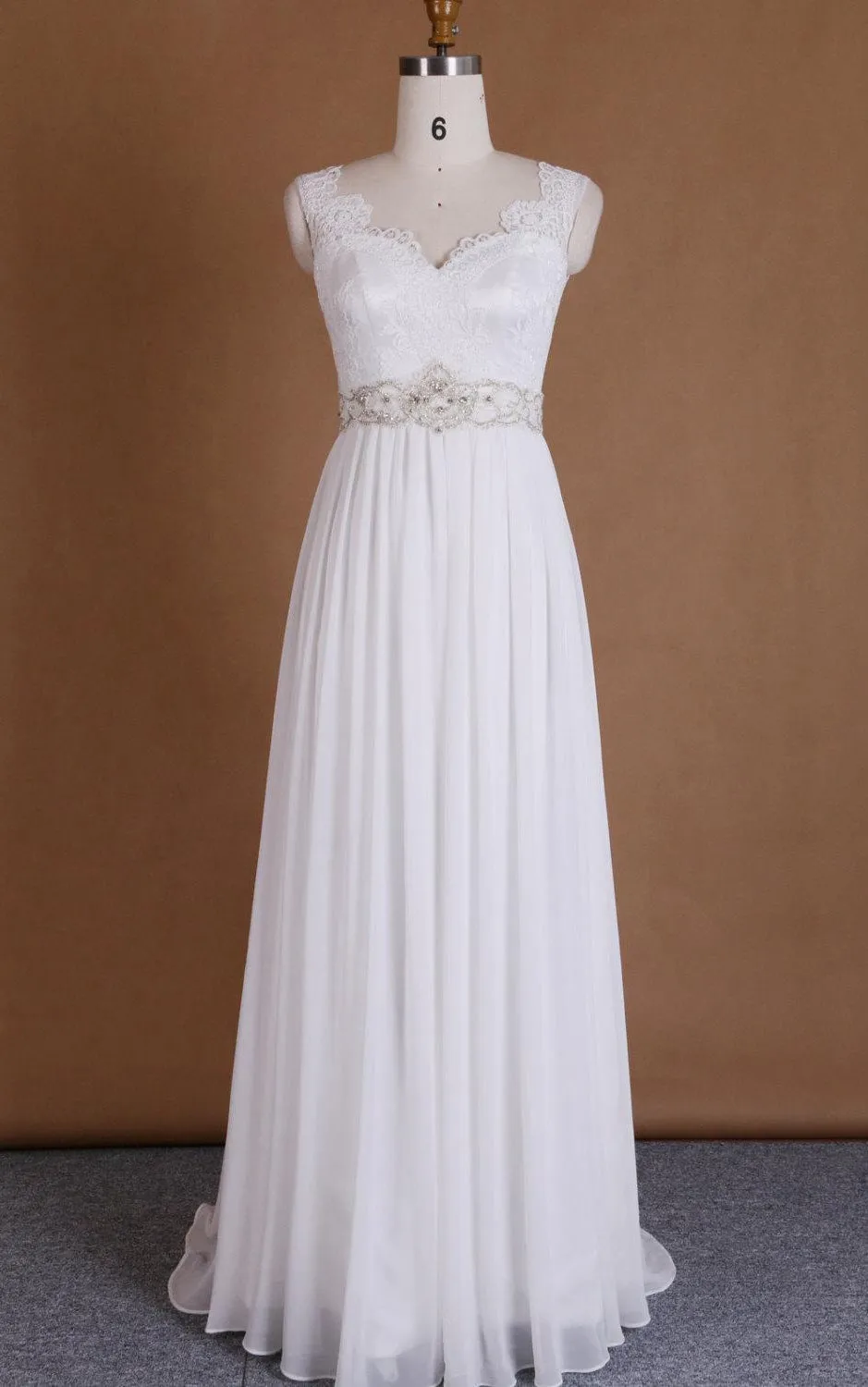 Satin Beaded Appliqued Low-V Back Chiffon V-Neckline Dress-712029