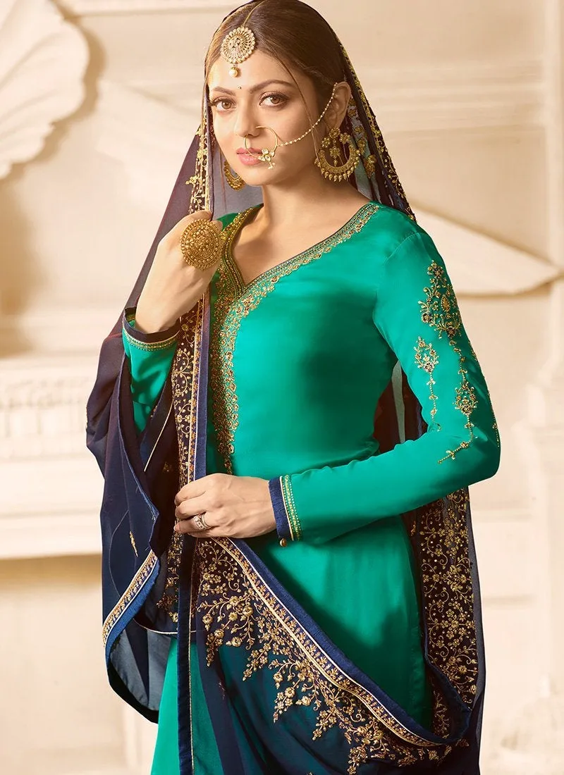 Sea Blue With Navy Contrast Designer Gharara Palazzo Suit