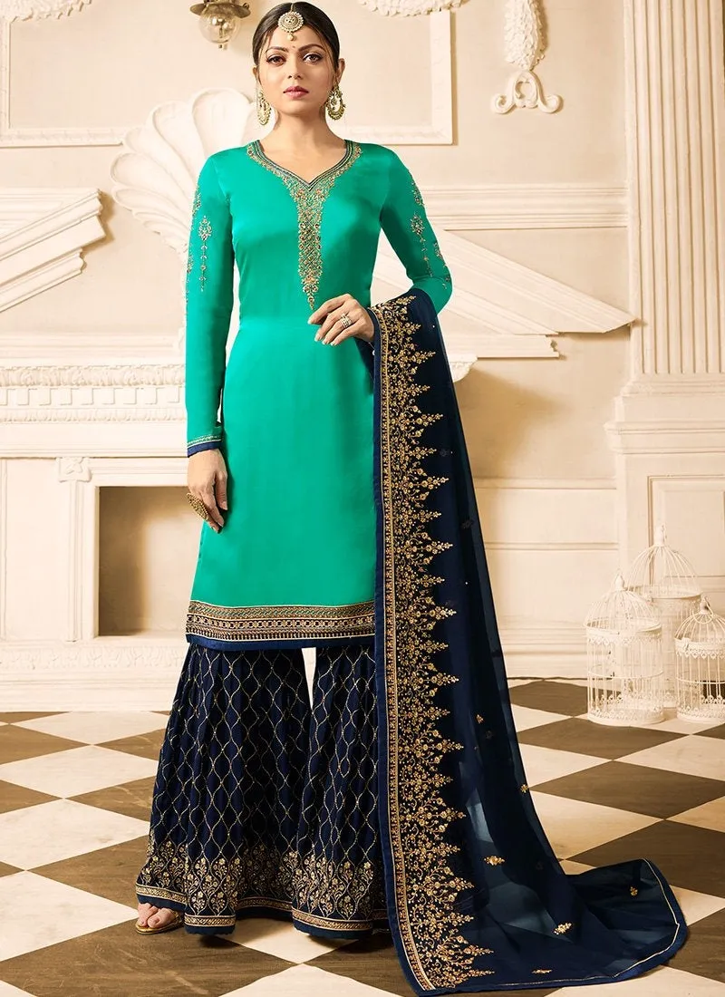 Sea Blue With Navy Contrast Designer Gharara Palazzo Suit
