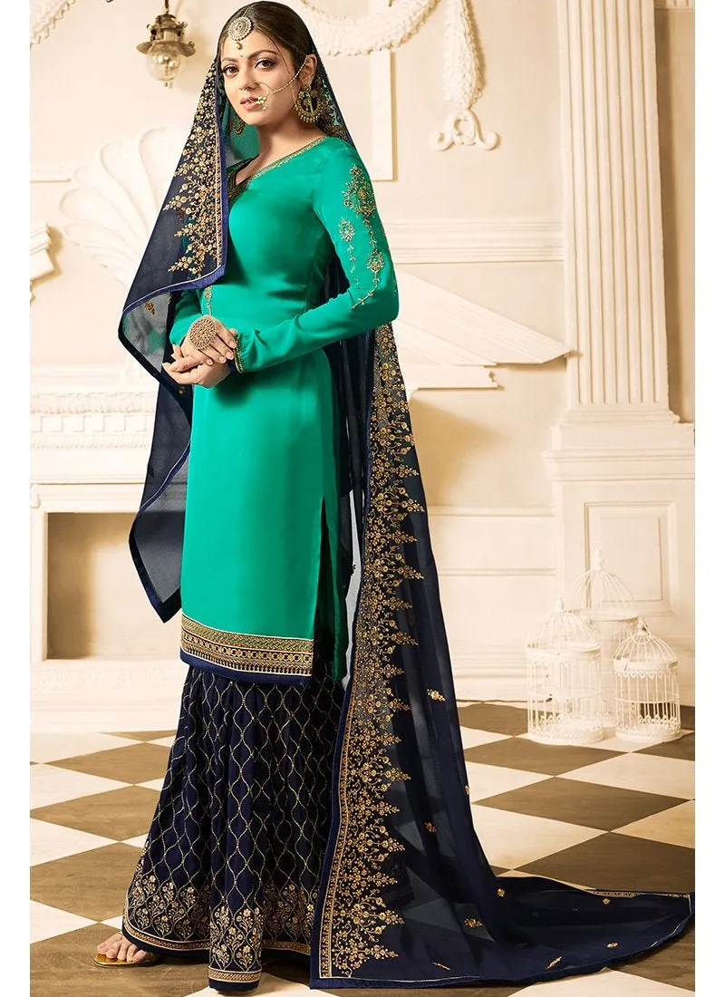 Sea Blue With Navy Contrast Designer Gharara Palazzo Suit