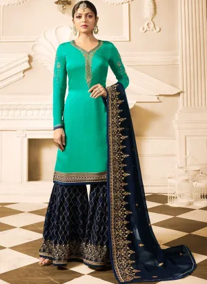 Sea Blue With Navy Contrast Designer Gharara Palazzo Suit
