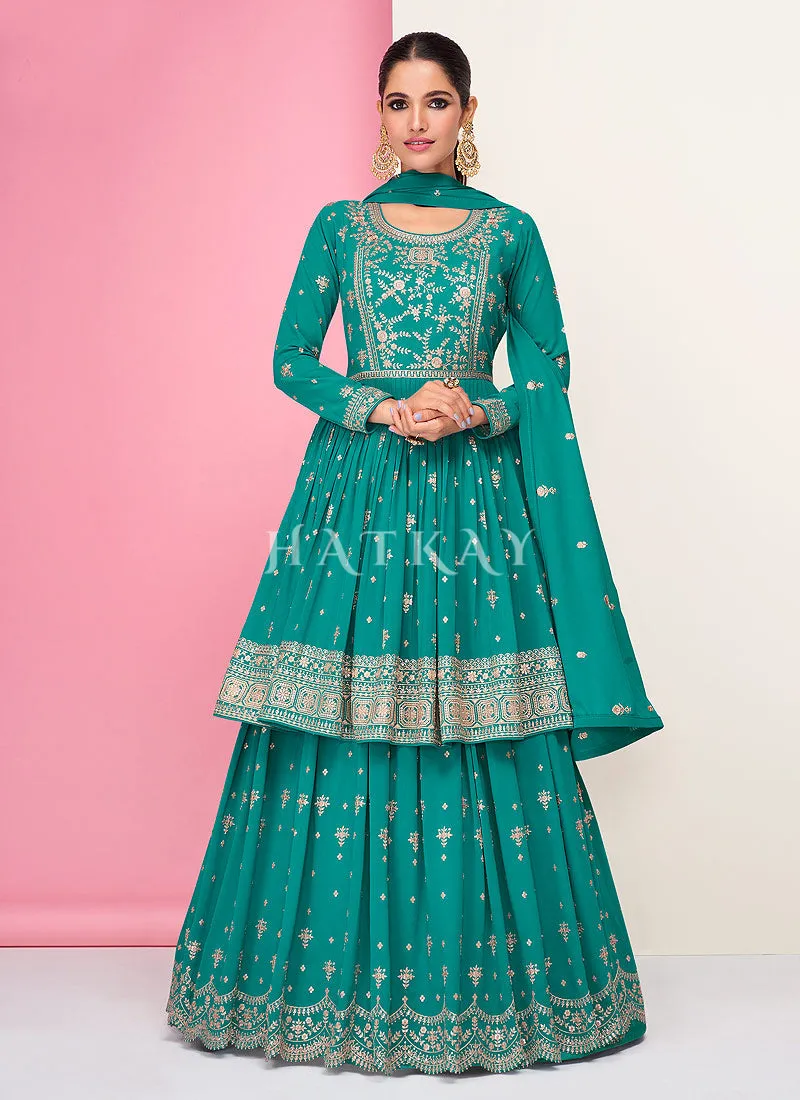 Sea Green Embroidered Peplum Style Georgette Anarkali Lehenga