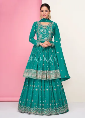 Sea Green Embroidered Peplum Style Georgette Anarkali Lehenga