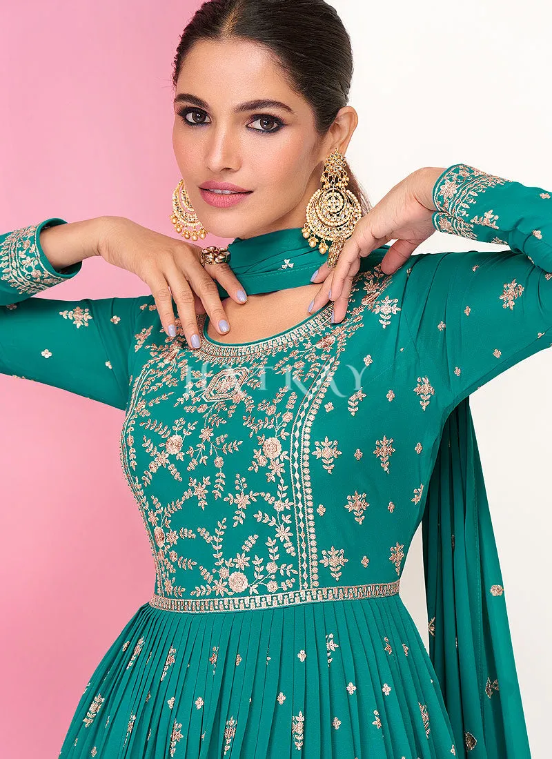 Sea Green Embroidered Peplum Style Georgette Anarkali Lehenga