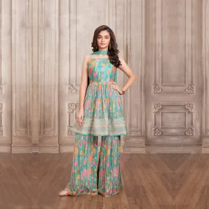 Sea-Green Floral Printed Frock-Style Ruffled Palazzo Set
