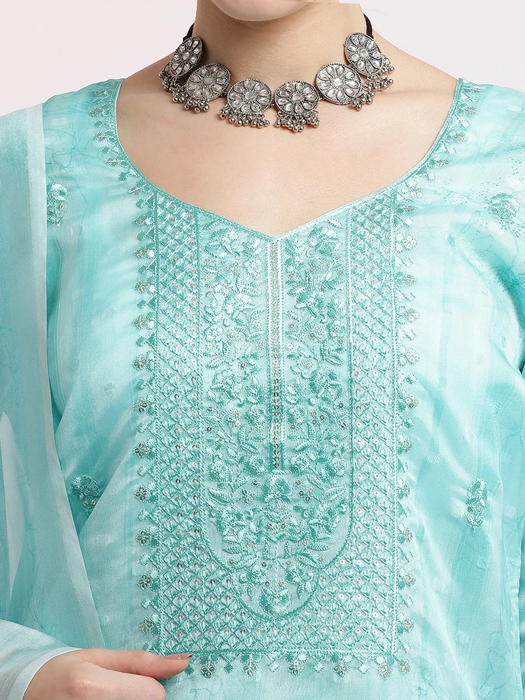 Sea Green Woven Design Organza Kurta Set With Dupatta