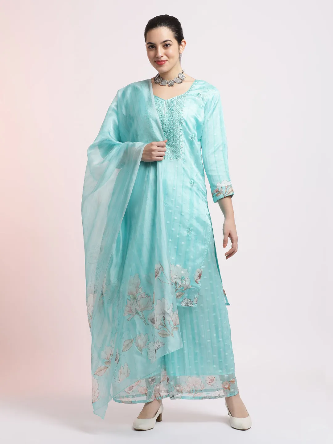 Sea Green Woven Design Organza Kurta Set With Dupatta