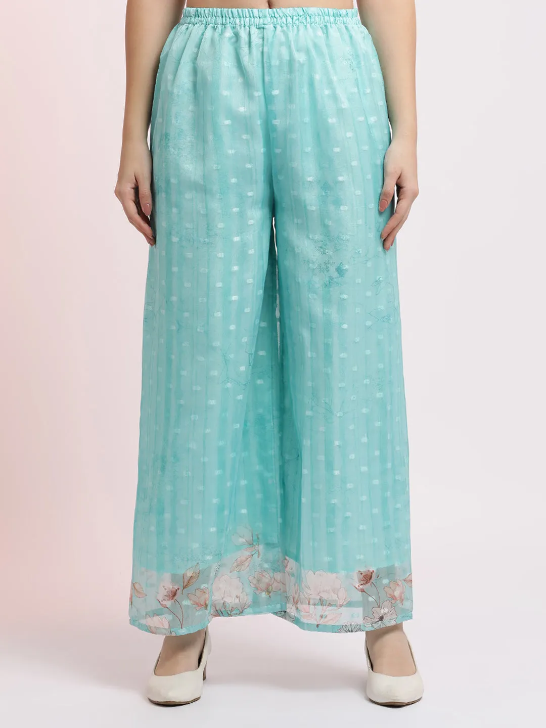 Sea Green Woven Design Organza Kurta Set With Dupatta