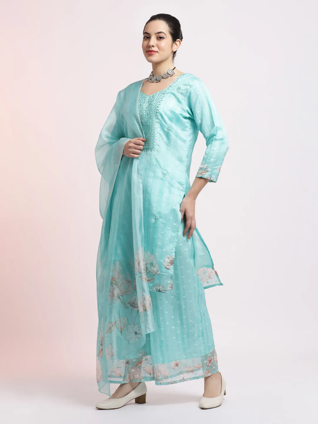 Sea Green Woven Design Organza Kurta Set With Dupatta