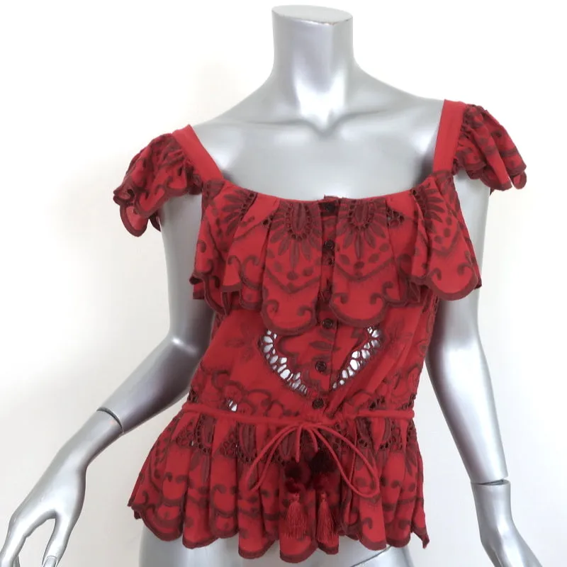 SEA Peplum Top Red Embroidered Cotton Size Medium Flutter Sleeve Tassel Tie