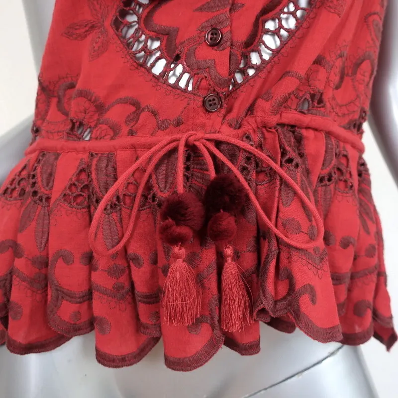 SEA Peplum Top Red Embroidered Cotton Size Medium Flutter Sleeve Tassel Tie