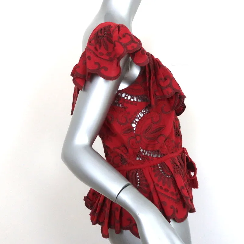 SEA Peplum Top Red Embroidered Cotton Size Medium Flutter Sleeve Tassel Tie