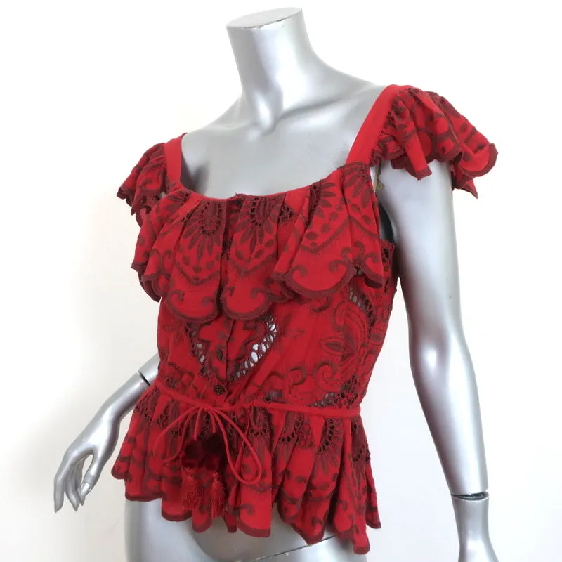 SEA Peplum Top Red Embroidered Cotton Size Medium Flutter Sleeve Tassel Tie
