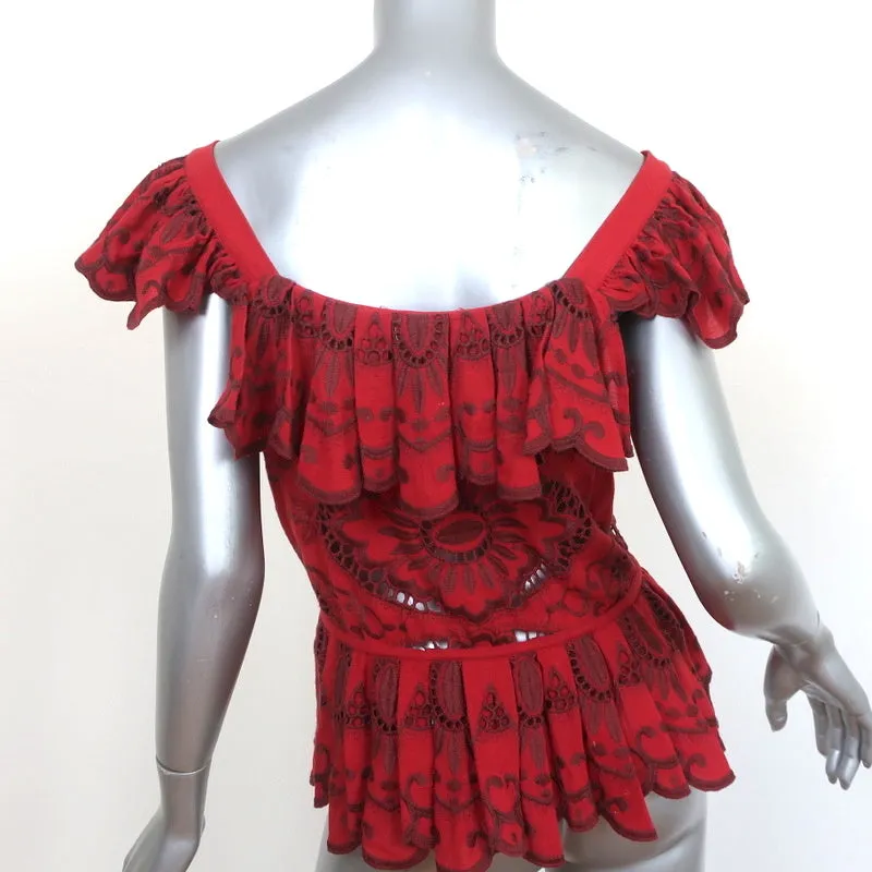 SEA Peplum Top Red Embroidered Cotton Size Medium Flutter Sleeve Tassel Tie