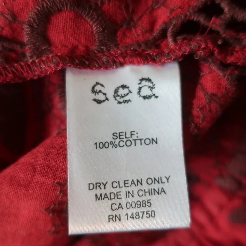 SEA Peplum Top Red Embroidered Cotton Size Medium Flutter Sleeve Tassel Tie