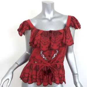 SEA Peplum Top Red Embroidered Cotton Size Medium Flutter Sleeve Tassel Tie