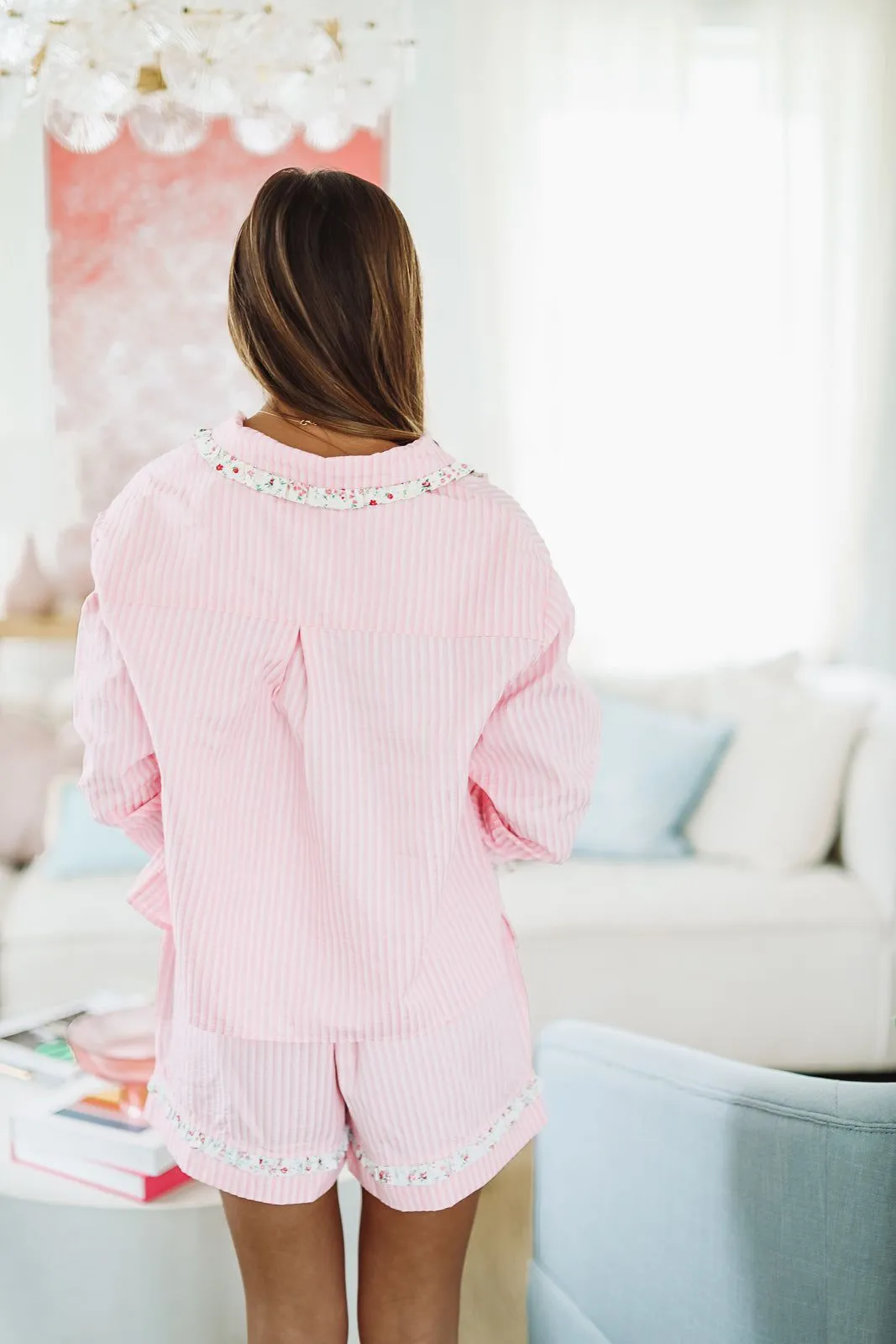 Seersucker and Floral  Short and Top Pajama Set - Pink and White