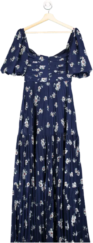 Self-Portrait Blue Pansy Print Pleated Chiffon Maxi Dress UK 8