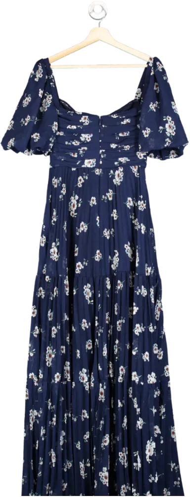 Self-Portrait Blue Pansy Print Pleated Chiffon Maxi Dress UK 8