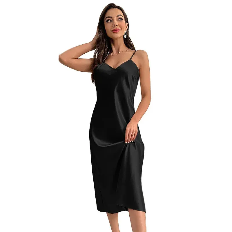 Sexy Solid Color Long Nightgown Ice Satin Silk Halter Nightgowns Pajamas Home Wear