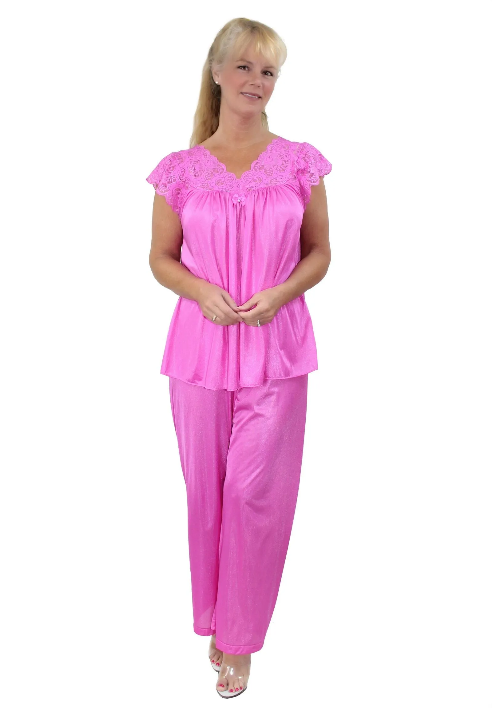 Shadowline Women's Pajama Set Silky Nylon Lace Cap Sleeve 76737