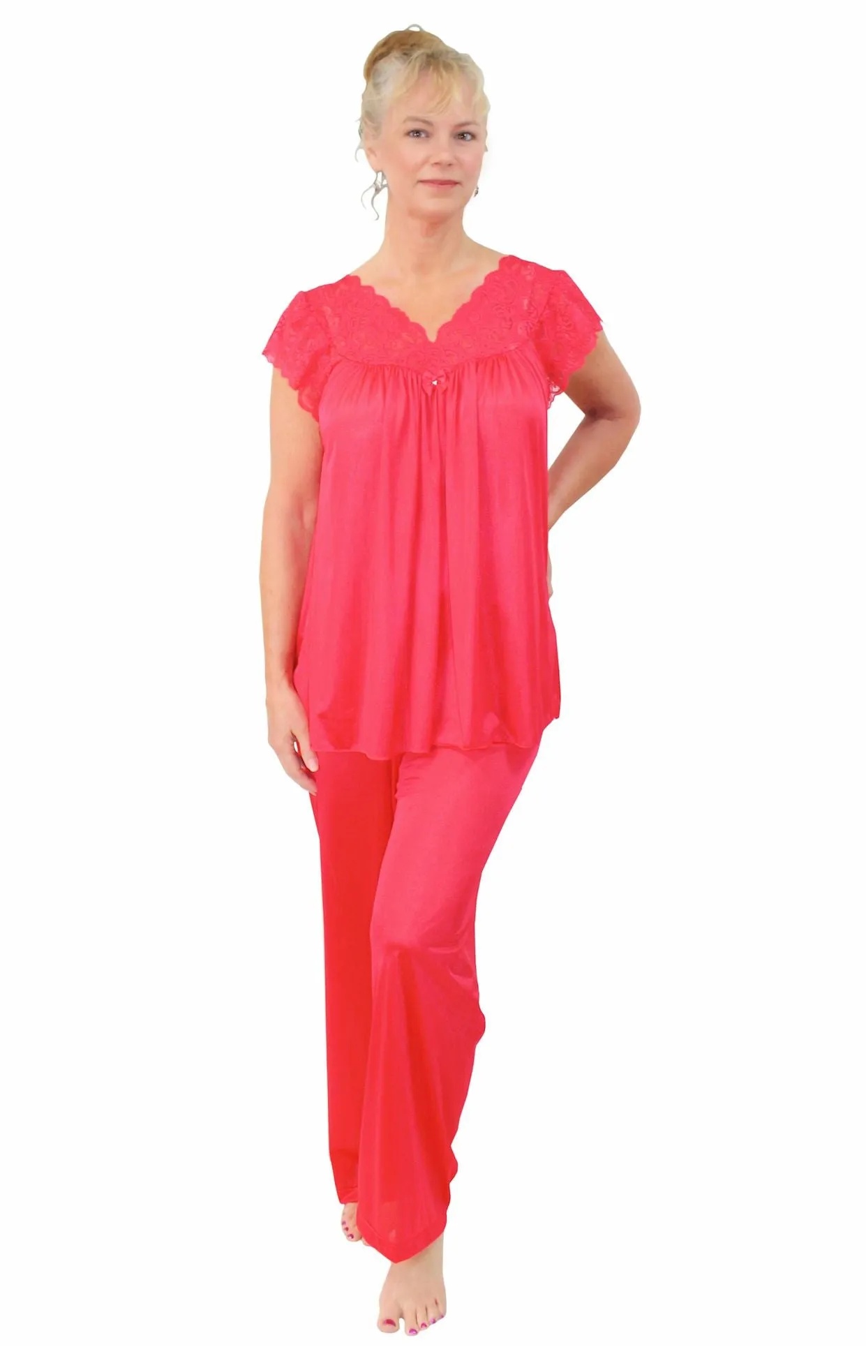 Shadowline Women's Pajama Set Silky Nylon Lace Cap Sleeve 76737