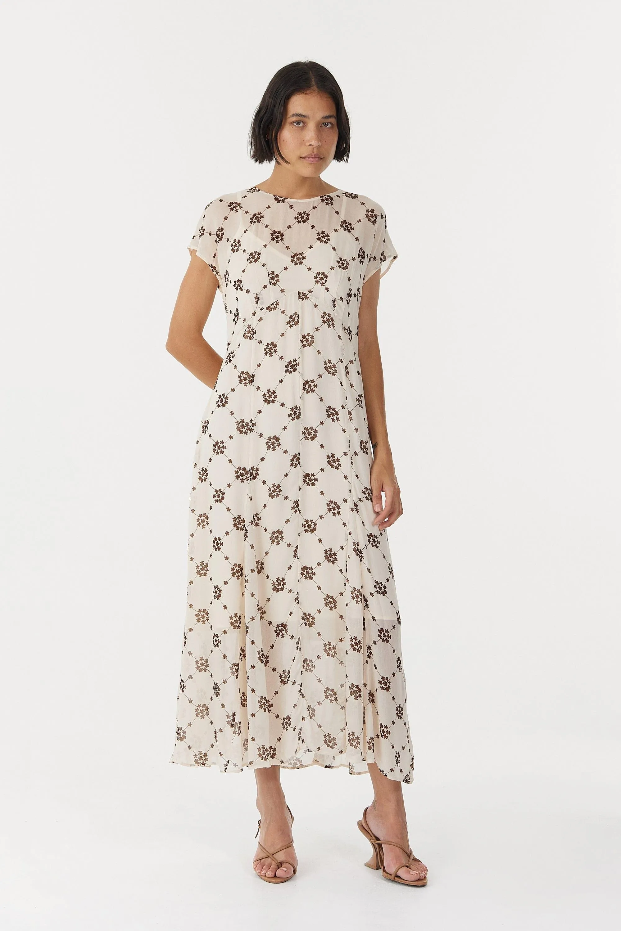 SHEER MOTION CAP SLEEVE DRESS | LINEAR BLOOM