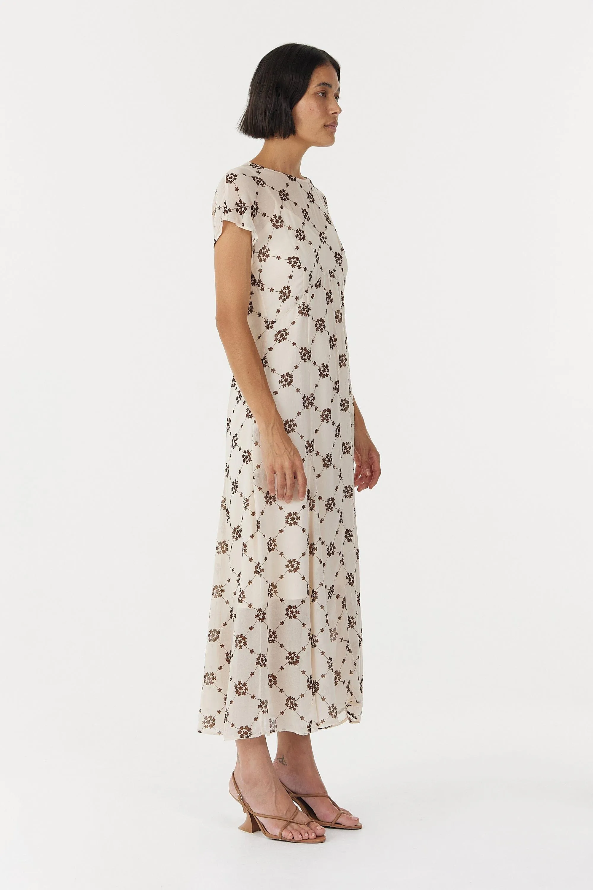 SHEER MOTION CAP SLEEVE DRESS | LINEAR BLOOM