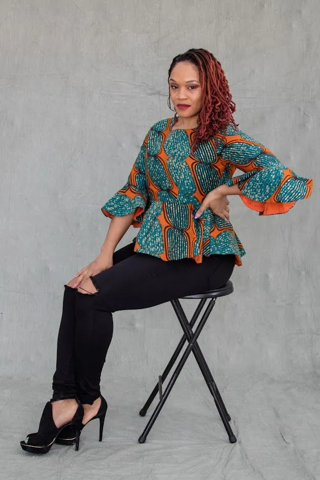 Shekiri Top- Peplum- Orange and Torquoiuse fake
