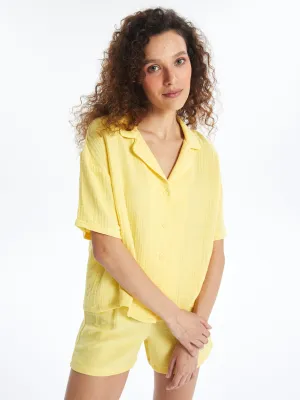 Shirt Collar Plain Short Sleeve Women Pajama Set with Shorts