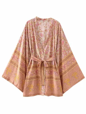 Short Kimono Floral Print Beige Color Cotton Short Length Gown Kimono Duster Robe