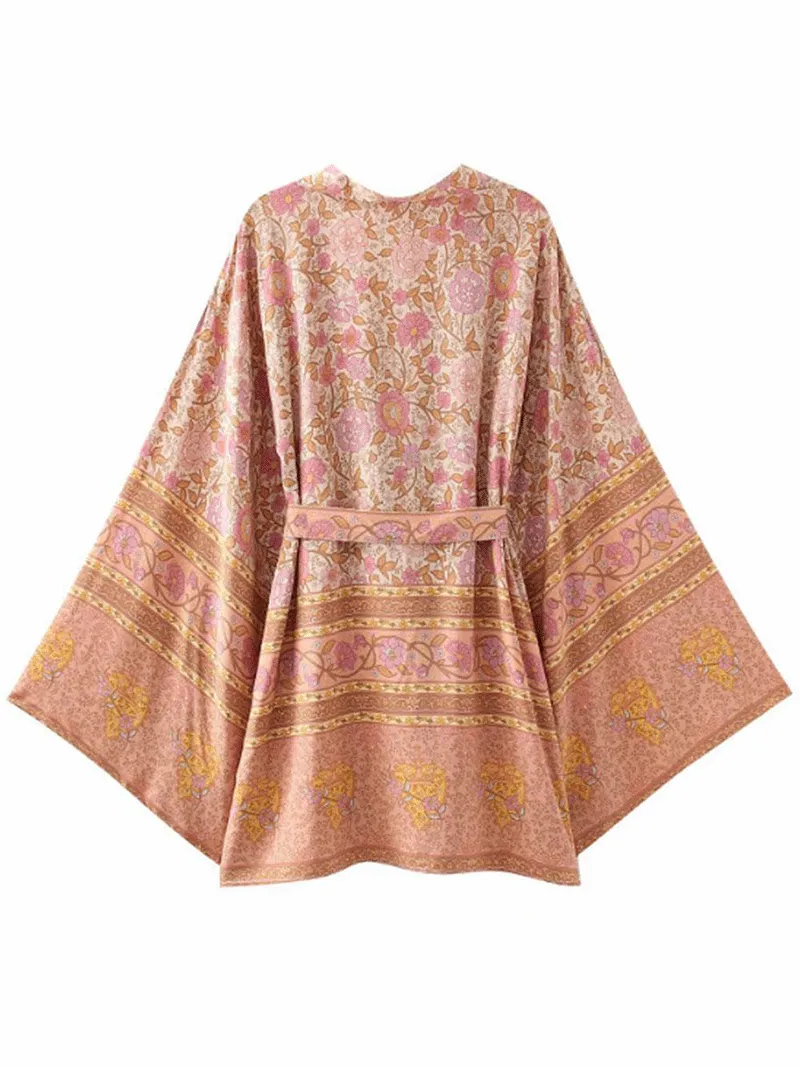 Short Kimono Floral Print Beige Color Cotton Short Length Gown Kimono Duster Robe