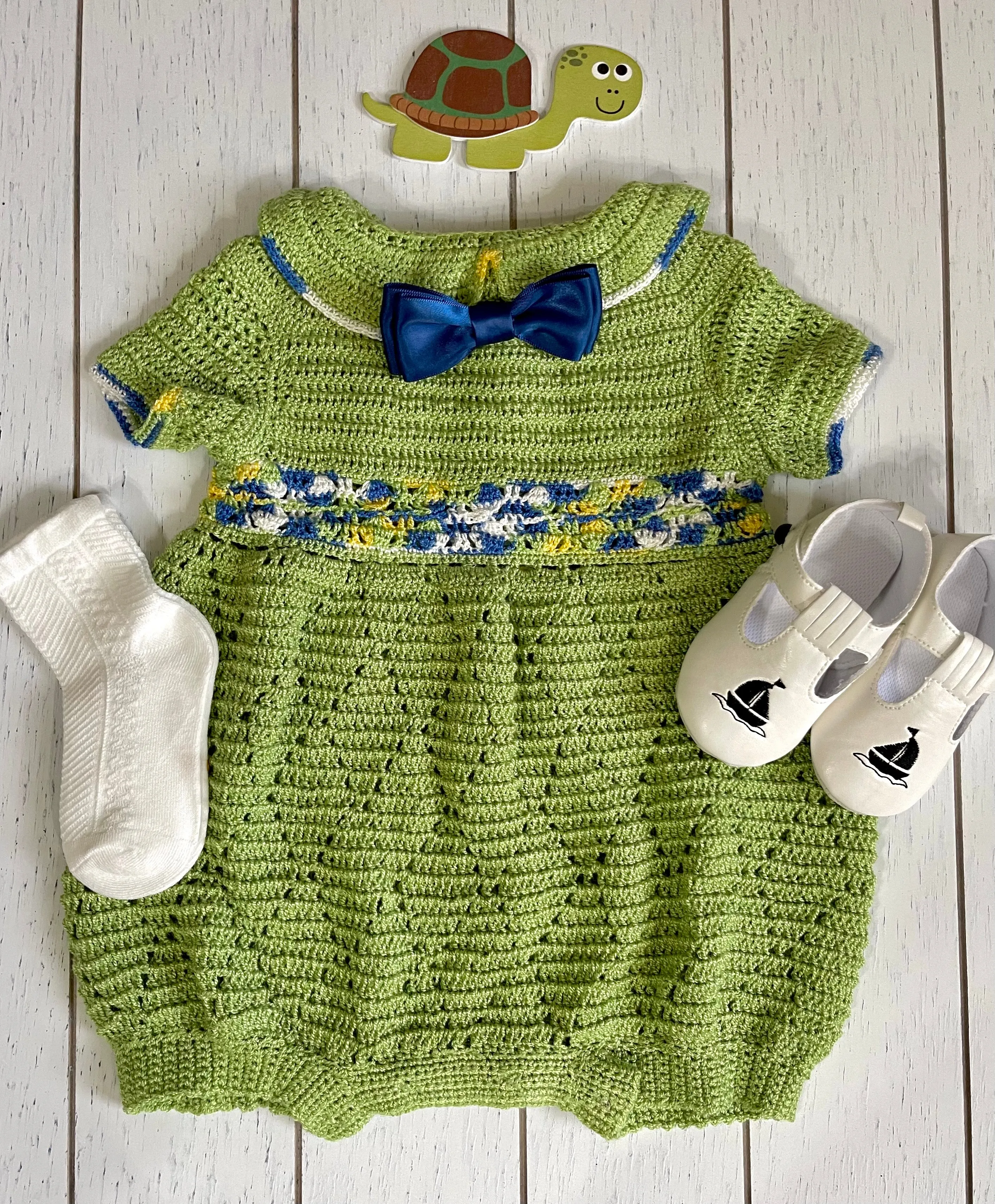 Short Sleeve, Pear Green Crochet  Peter Pan Collar Boy Romper