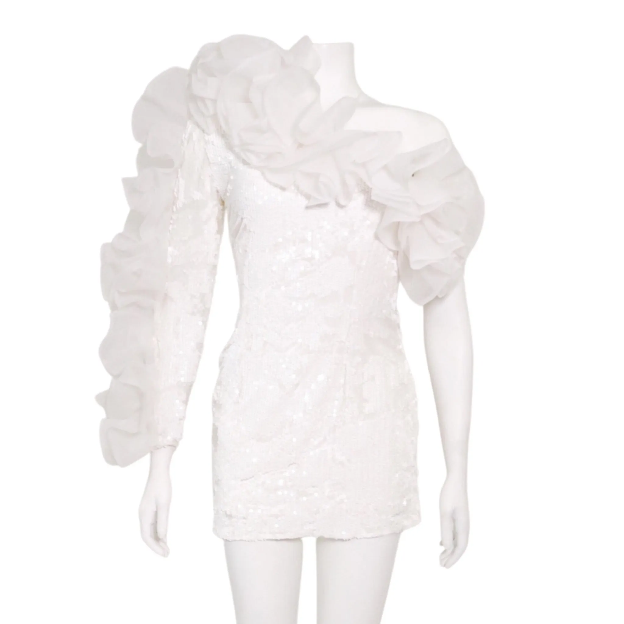 Sia White Sequined & Ruffled Dress