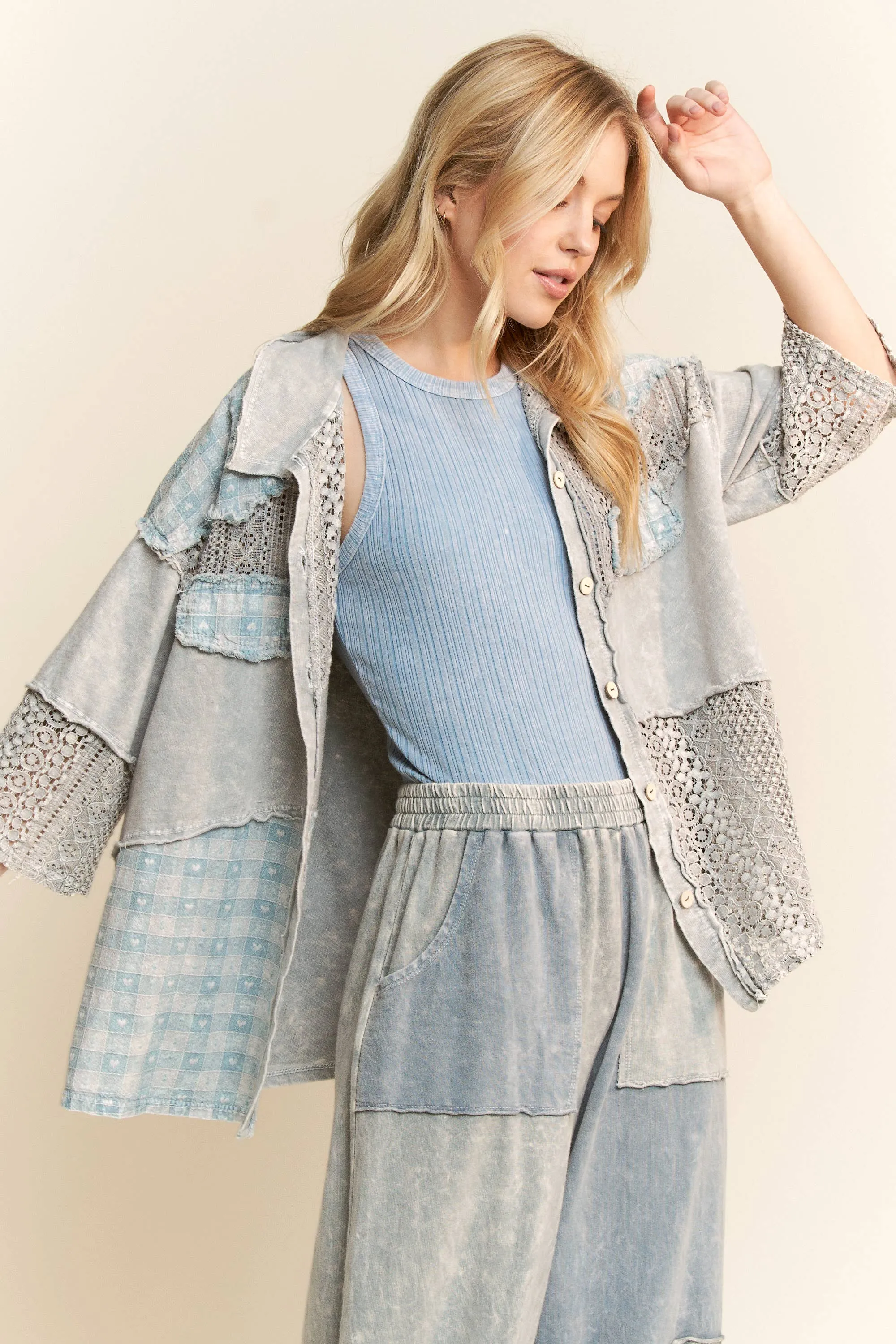 Silver Grey Mineral Washed Valentines Lace Short Sleeve Shacket